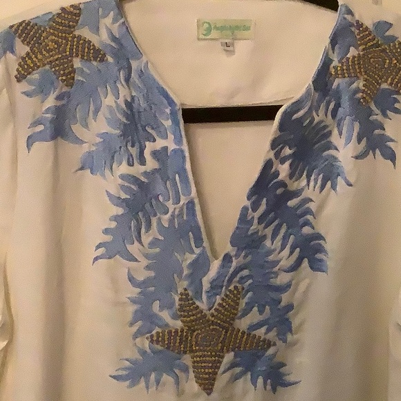 Angels by the Sea white linen tunic.  Size large.  Side zip. Excellent Shape. - Picture 4 of 8